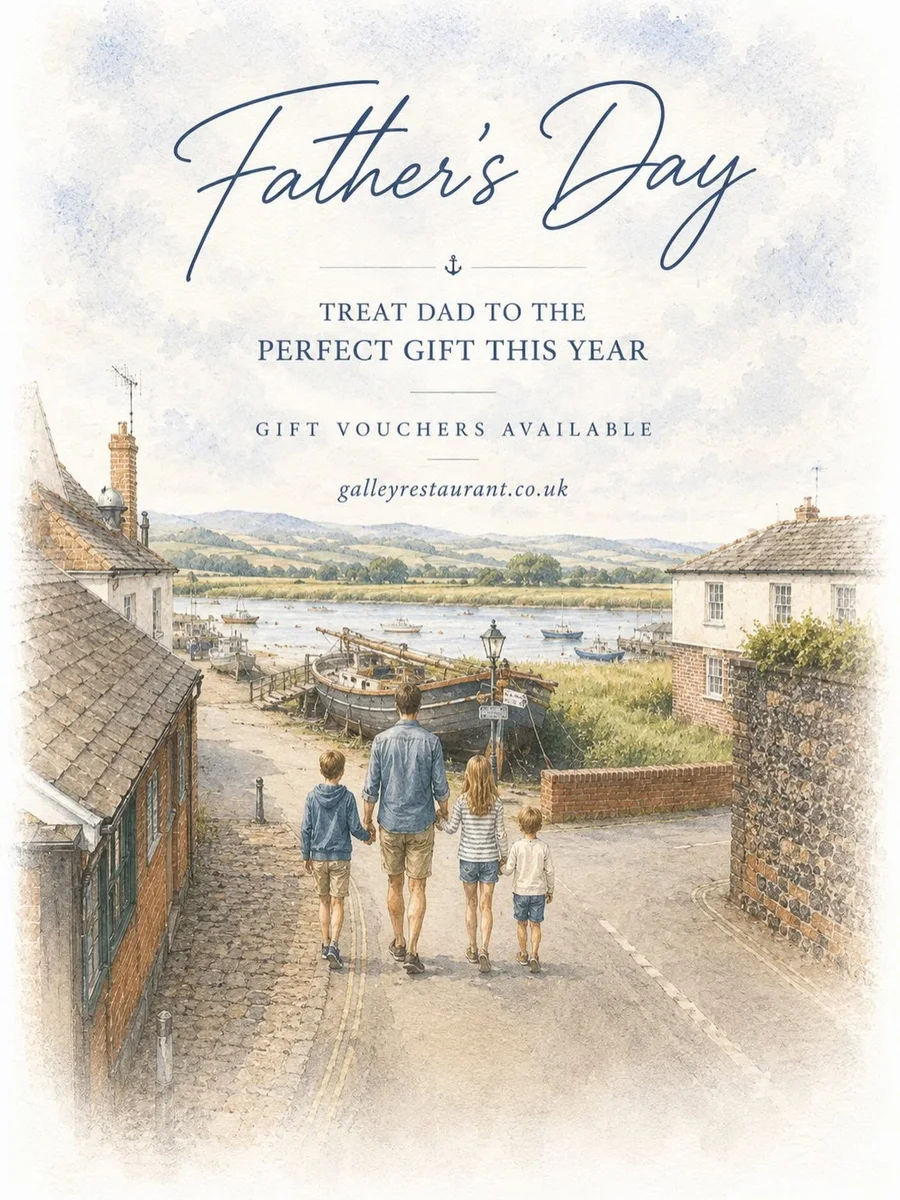 Father's Day gift-voucher poster for The Galley: watercolour Topsham scene in the brand style