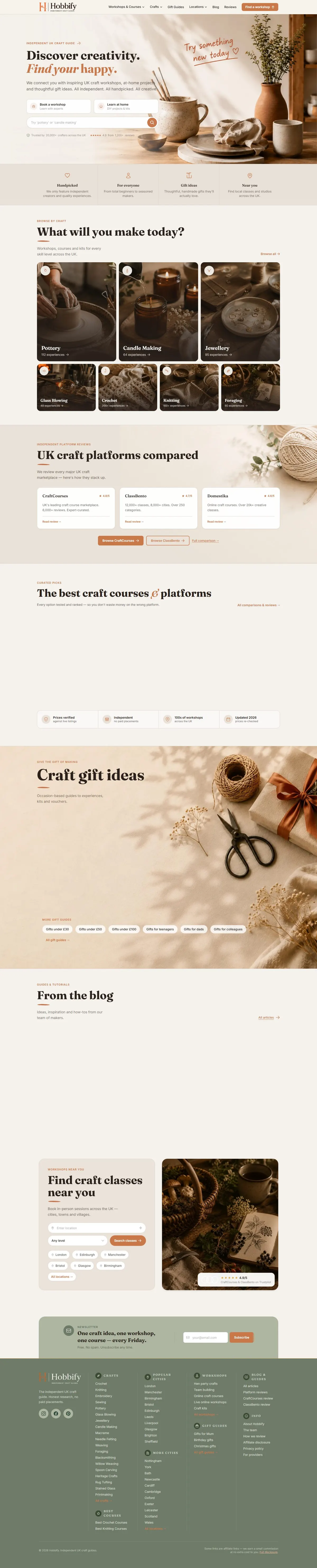 Hobbify home (independent UK craft guide): workshops, platform comparisons, gift guides