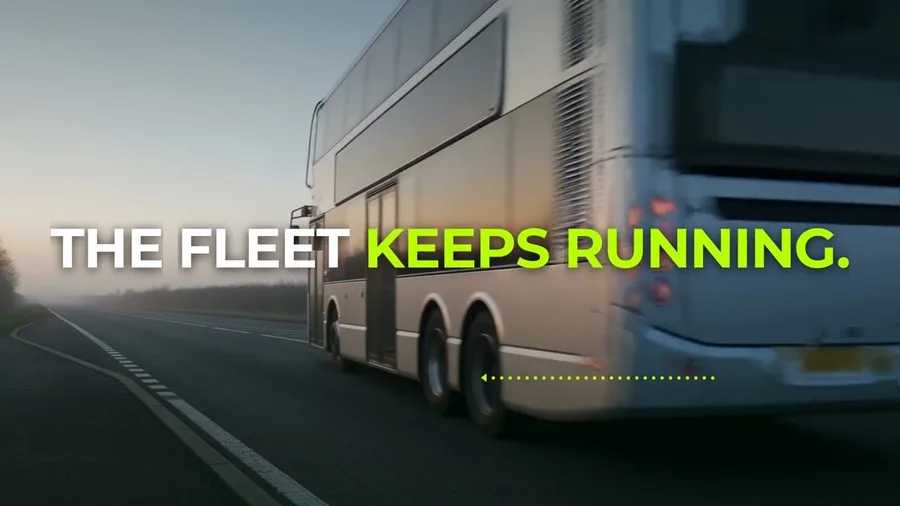 Closing frame of GTI's Regeneration brand film: an electric double-deck bus at dawn, captioned “The fleet keeps running.”